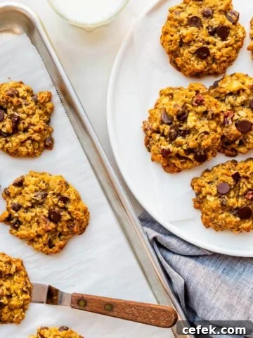 Transferring baked banana oatmeal cookies to a plate to serve them.