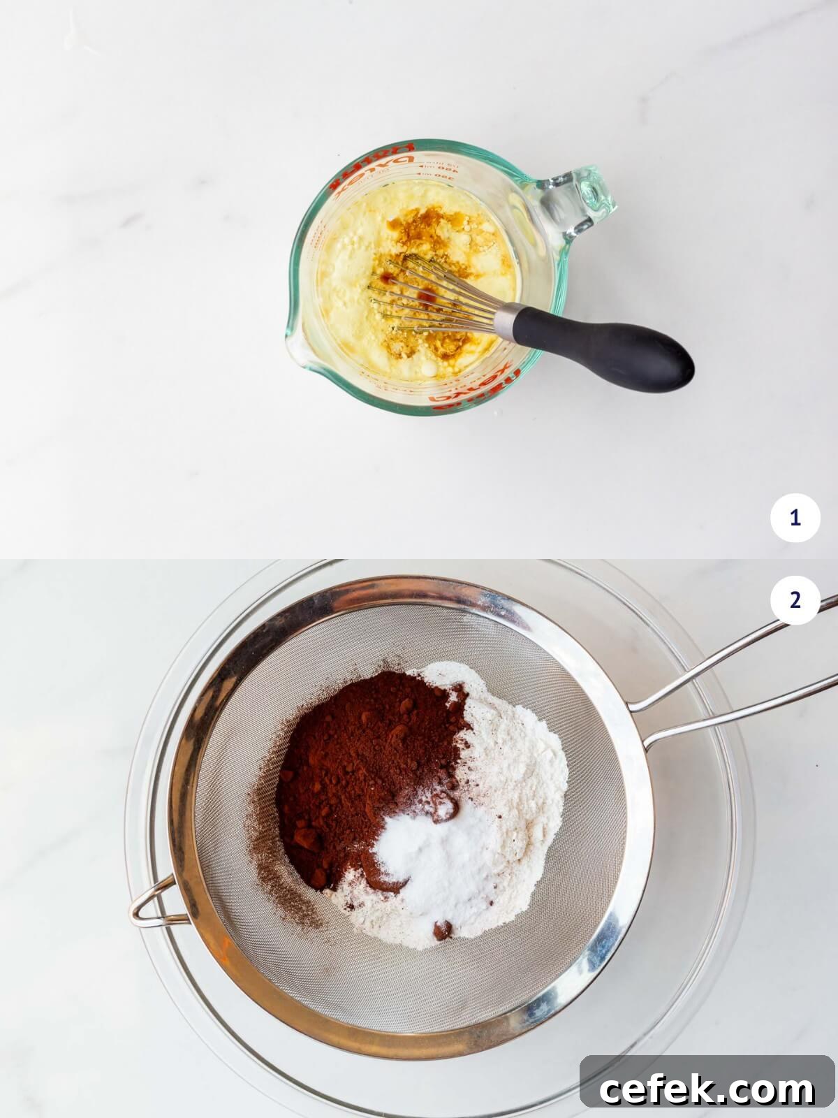 Combining the wet ingredients separately from the dry ingredients, which are sifted together.