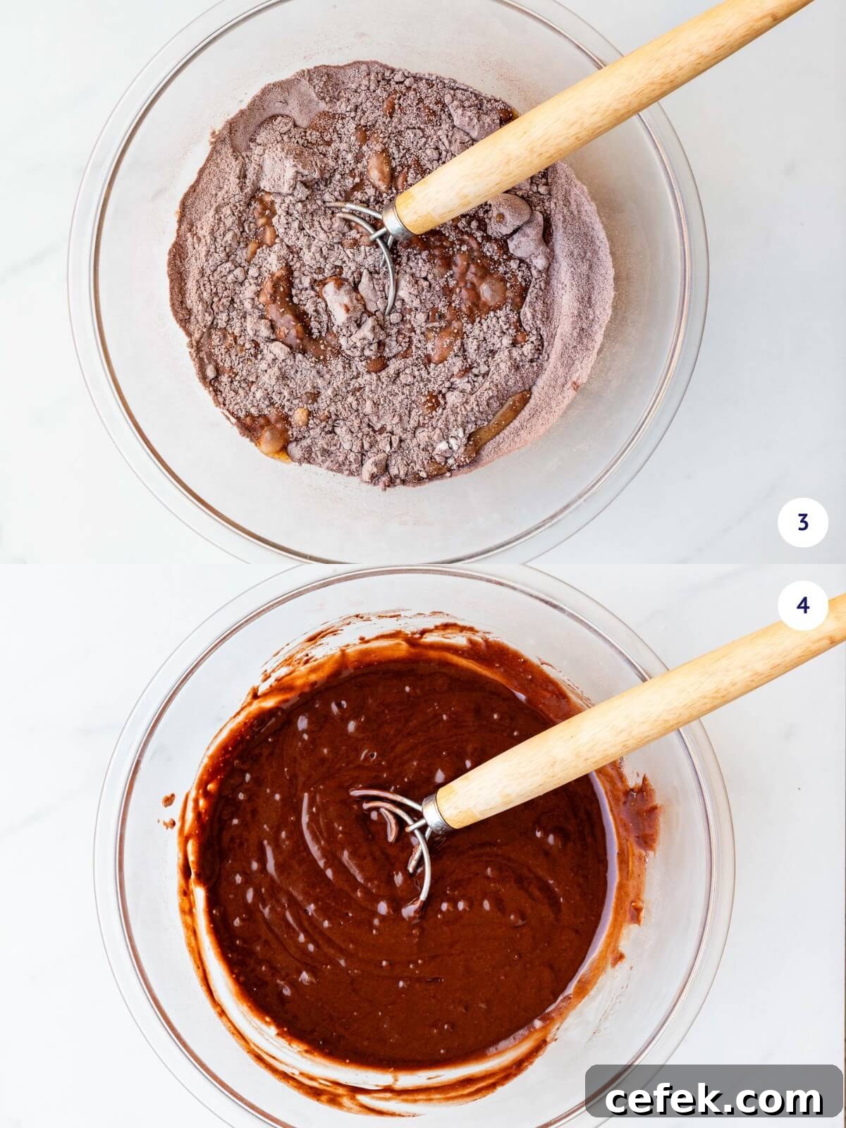 Combining wet and dry ingredients to make an eggless chocolate cake.