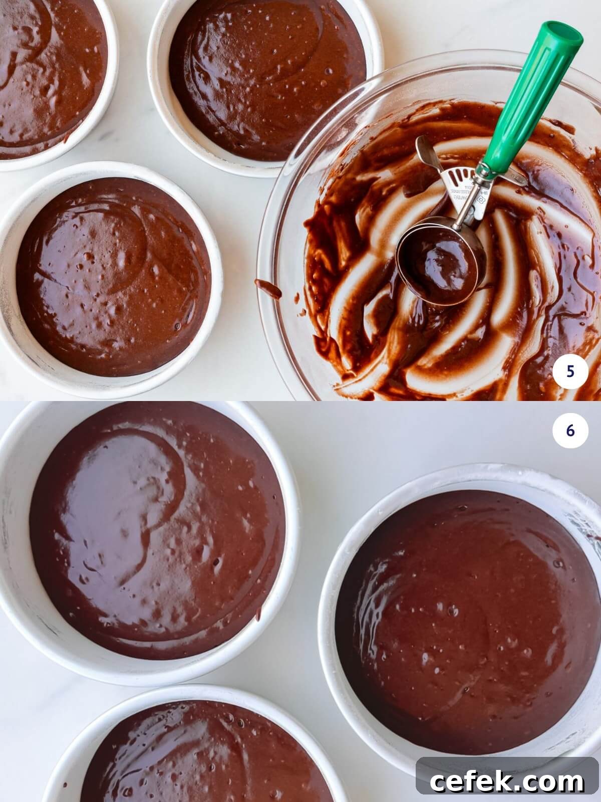 Dividing chocolate cake batter among three small cake pans.