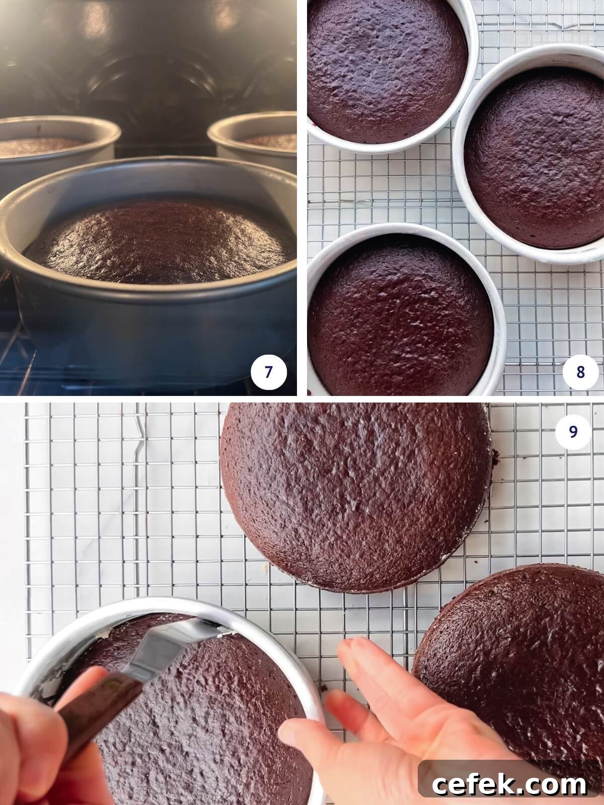 Baking chocolate cake layers in the oven, then unmouldling on a wire rack.