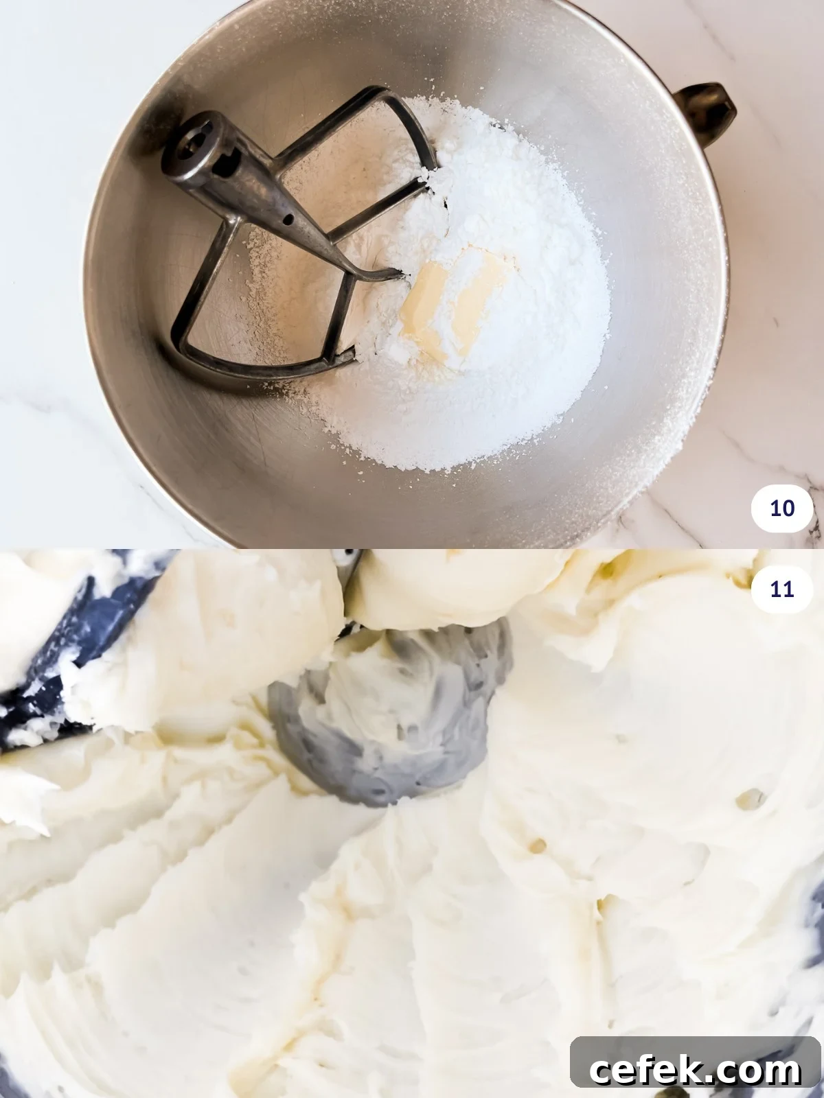 Creaming butter and icing sugar for cream cheese frosting.
