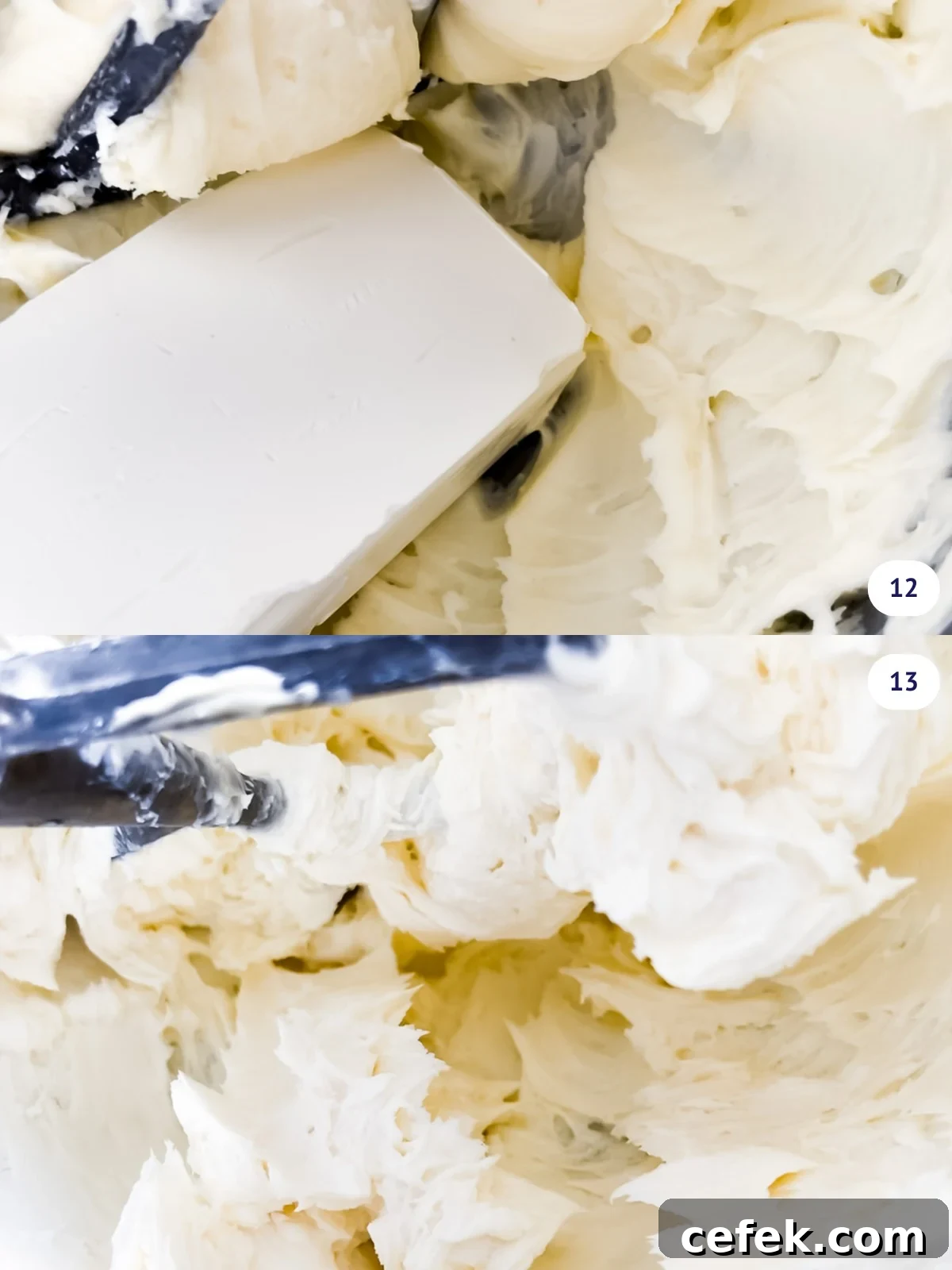 Adding cream cheese last to creamed butter and sugar to make a thick cream cheese frosting in a stand mixer.