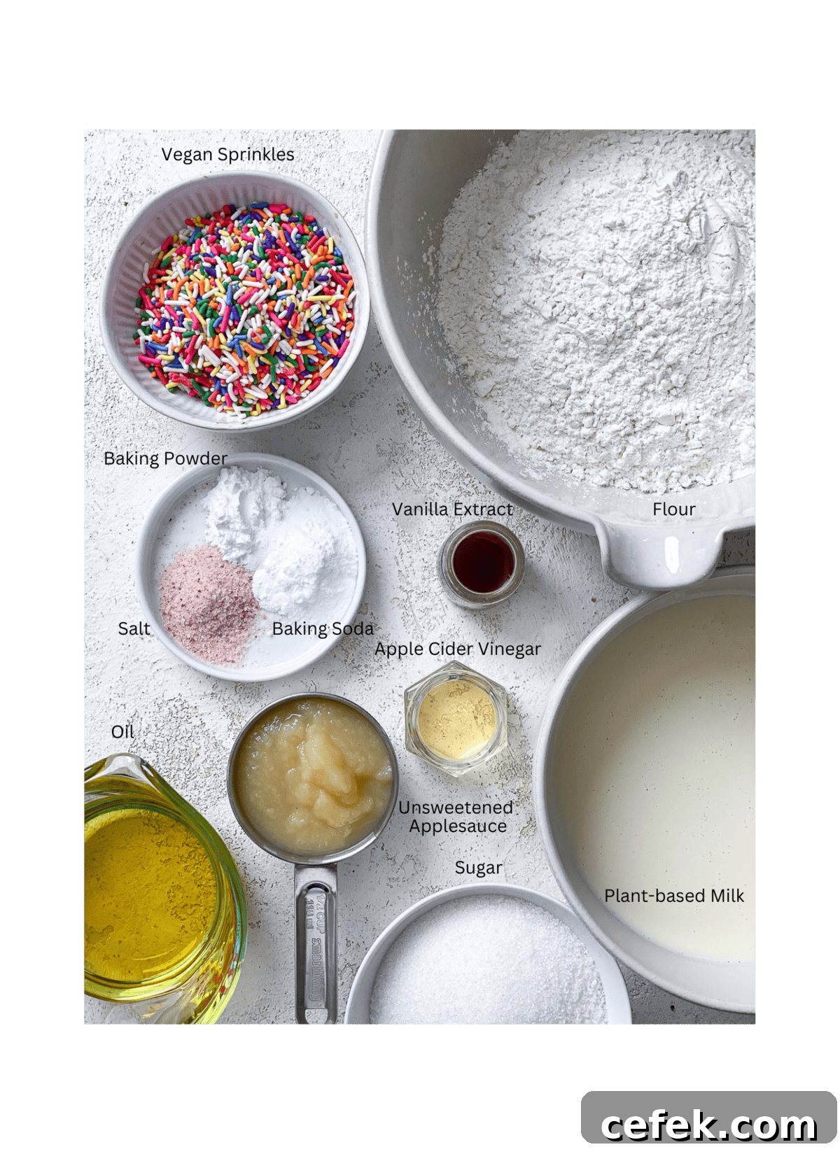 ingredients for Vegan Birthday Cake [Funfetti Cake] on a white surface