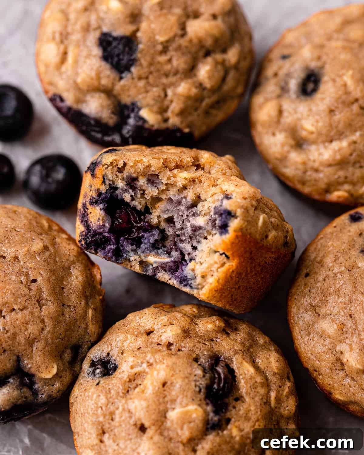 6 Blueberry Oatmeal Muffins, one with a bite taken out of it