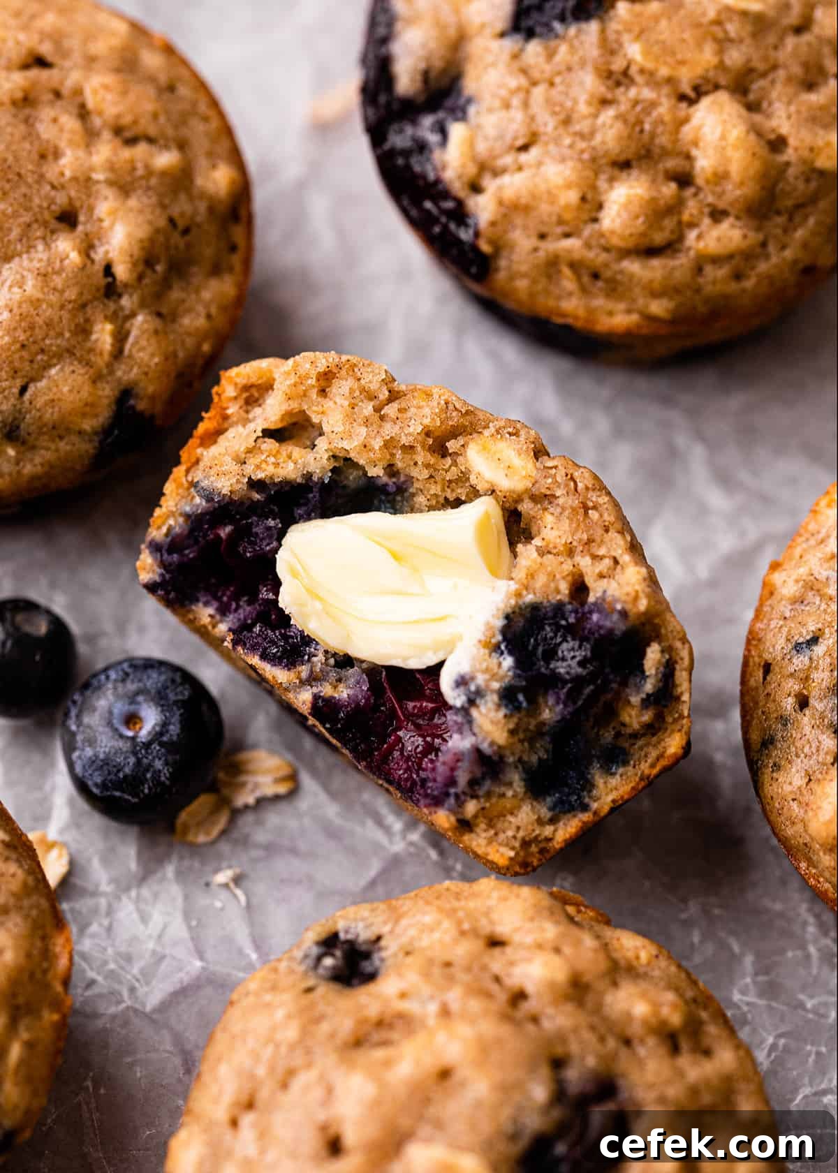 6 Blueberry Oatmeal Muffins, one cut in half with butter spread on it