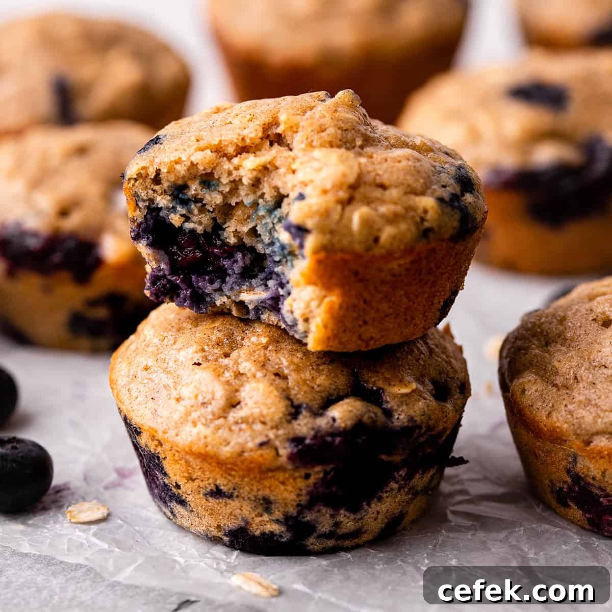 a stack of 2 Blueberry Oatmeal Muffins, the top one with a bite taken out of it