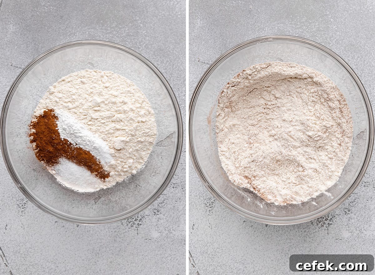 two photos showing mixing the dry ingredients for this blueberry oatmeal muffins recipe