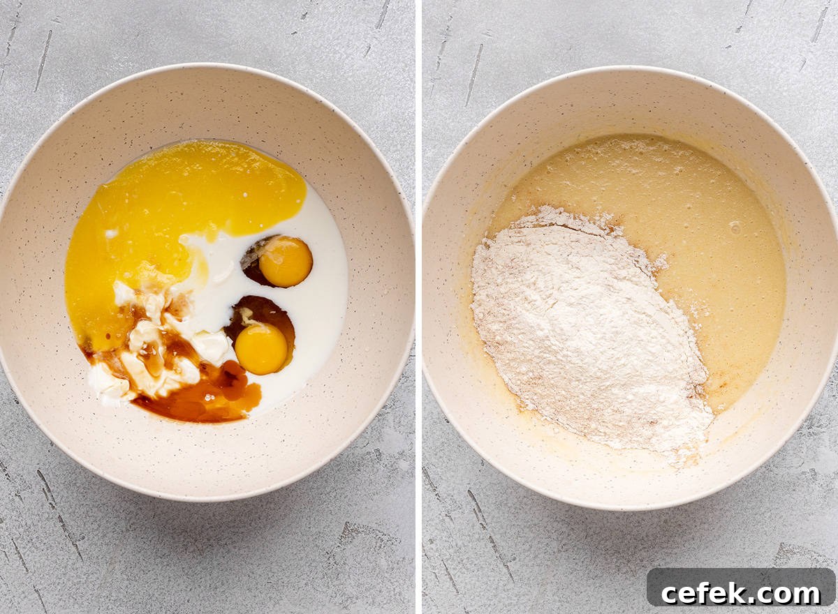 two photos showing mixing the wet ingredients then adding the dry ingredients for this blueberry oatmeal muffins recipe