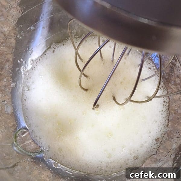 Egg whites whipped in mixer