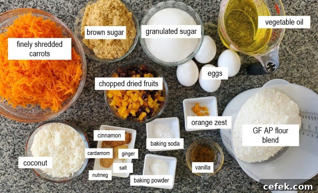 carrot cake ingredients measured and labeled in individual bowls.