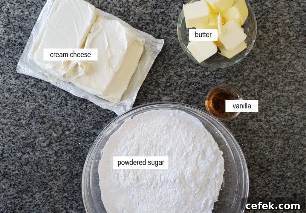 brown butter cream cheese frosting ingredients measured out and labeled.