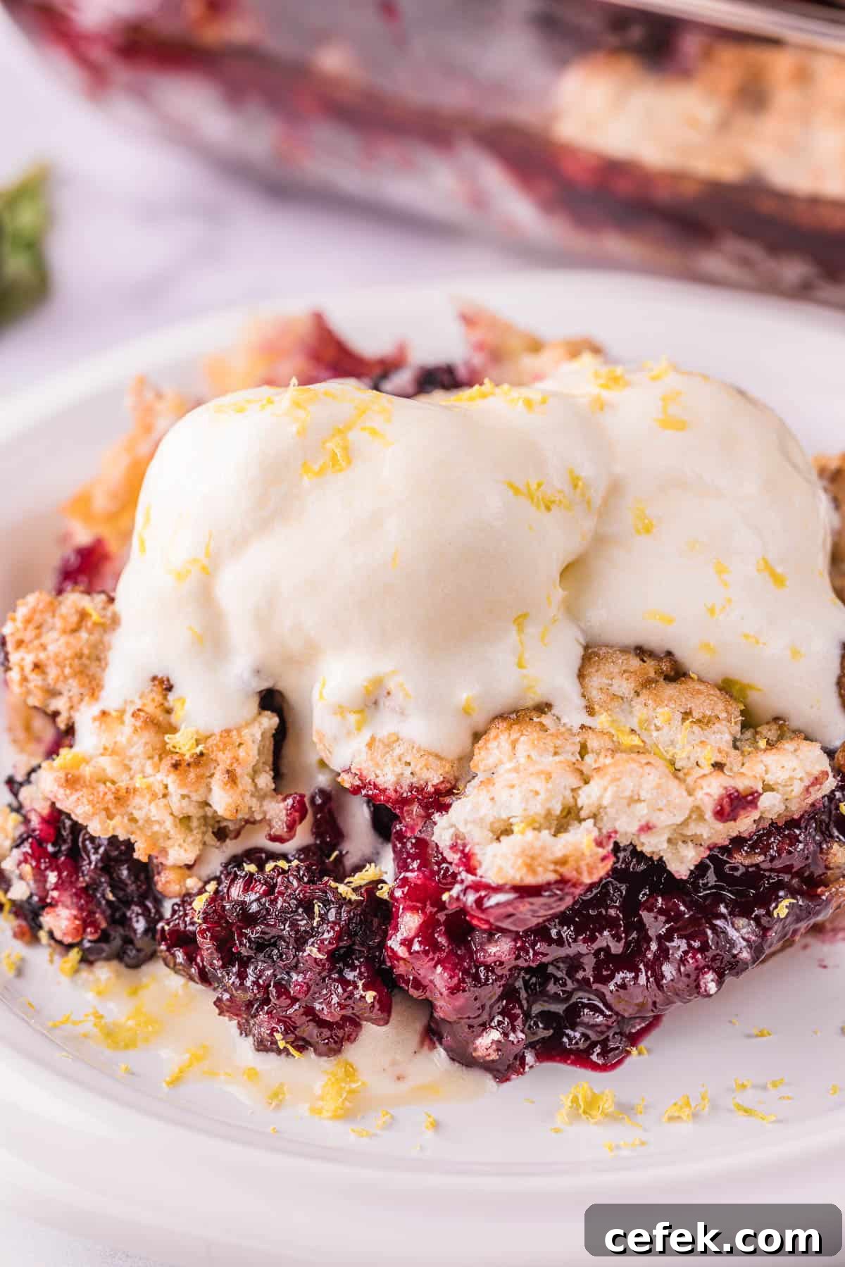 warm blackberry cobbler with vanilla ice cream.