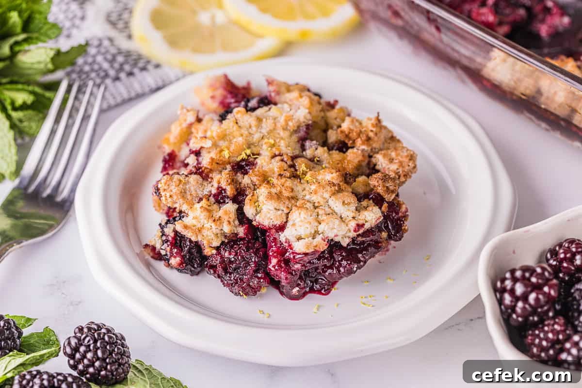 serving of blackberry cobbler on plate.