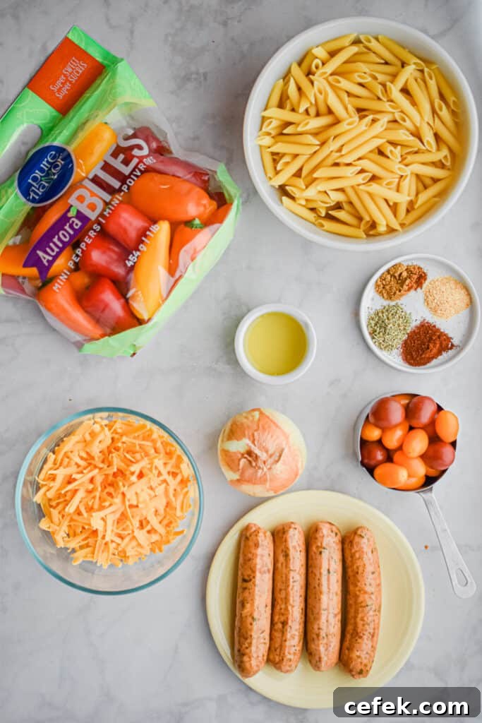 The ingredients for the chicken sausage and mini pepper pasta