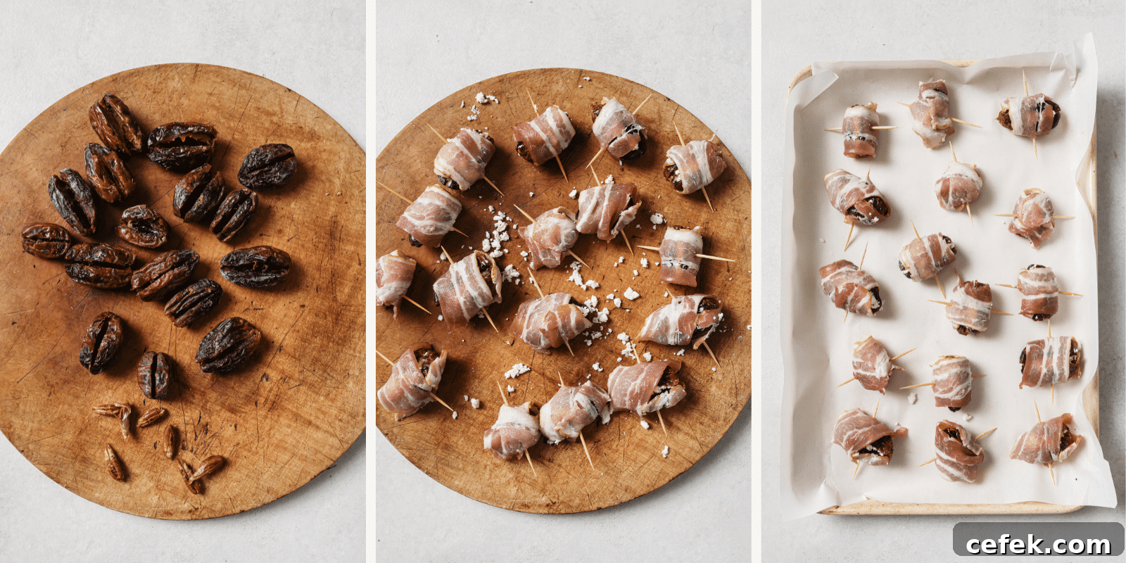 Left: pitted dates. Center: dates stuffed and wrapped in bacon. Right: prepared dates on a baking sheet. 