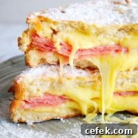 An Air Fryer Monte Cristo Sandwich, stacked with ham and cheese, is perfectly dusted with powdered sugar and served on a plate.