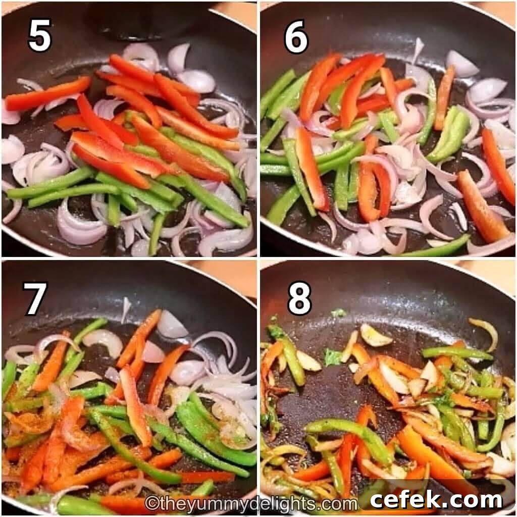 step by step image collage of sauteing the veggies to make burrito bowl.