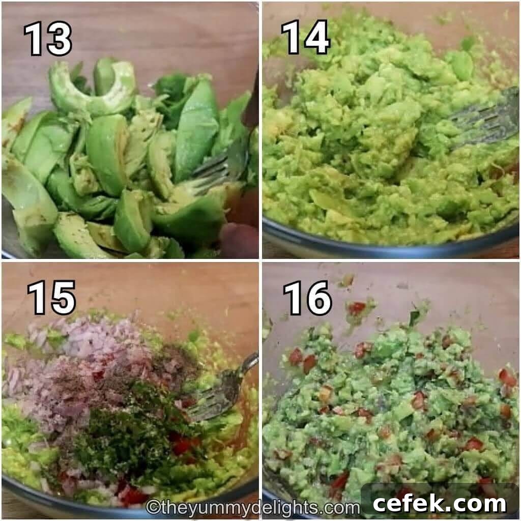 step by step image collage of preparing guacamole for making vegetarian burrito bowls.