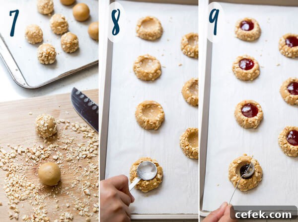 Preparing jam thumbprint cookies for baking