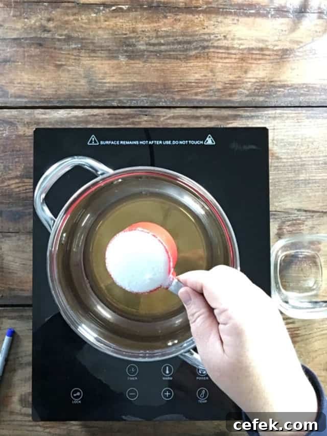Adding the sugar to the saucepan of vinegar that is heating up for pickled blackberries
