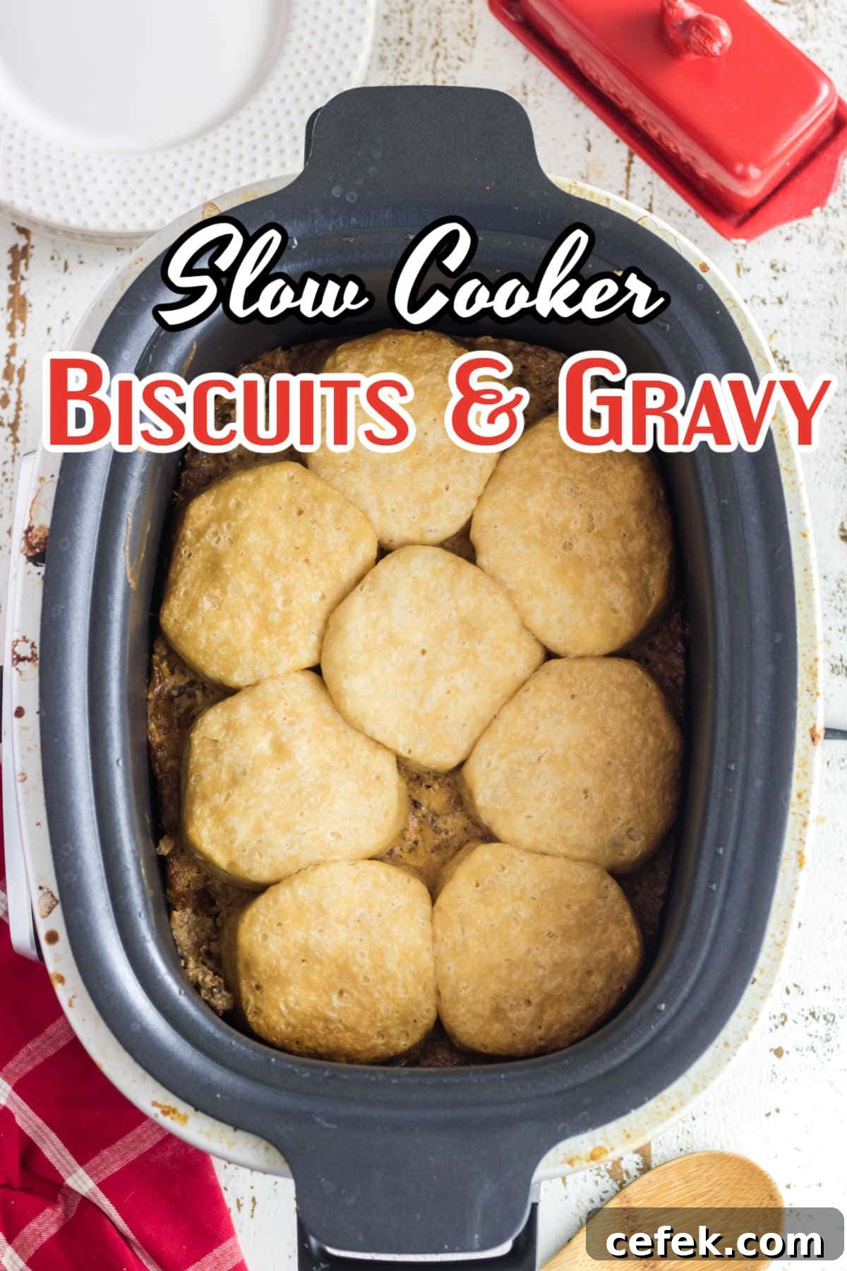 Overhead view of biscuits in the slow cooker with title text.