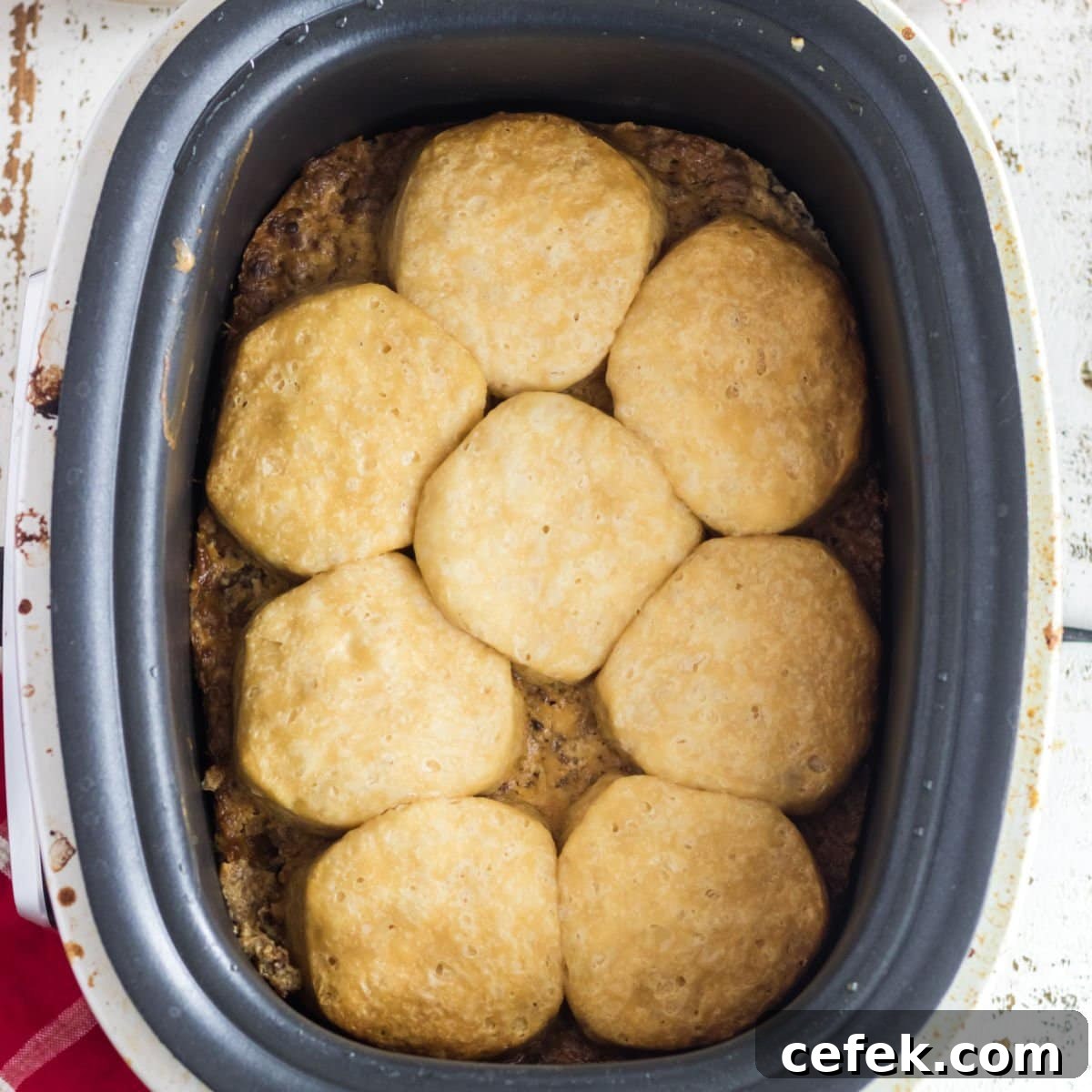 closeup view of biscuits in the slow cooker.