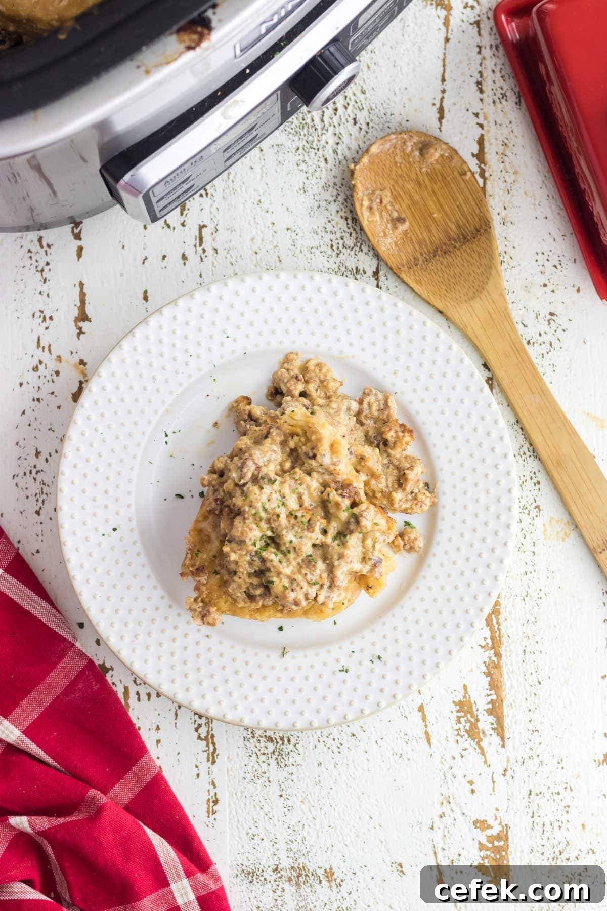 Overhead view of a serving of biscuits and gravy on a plate.