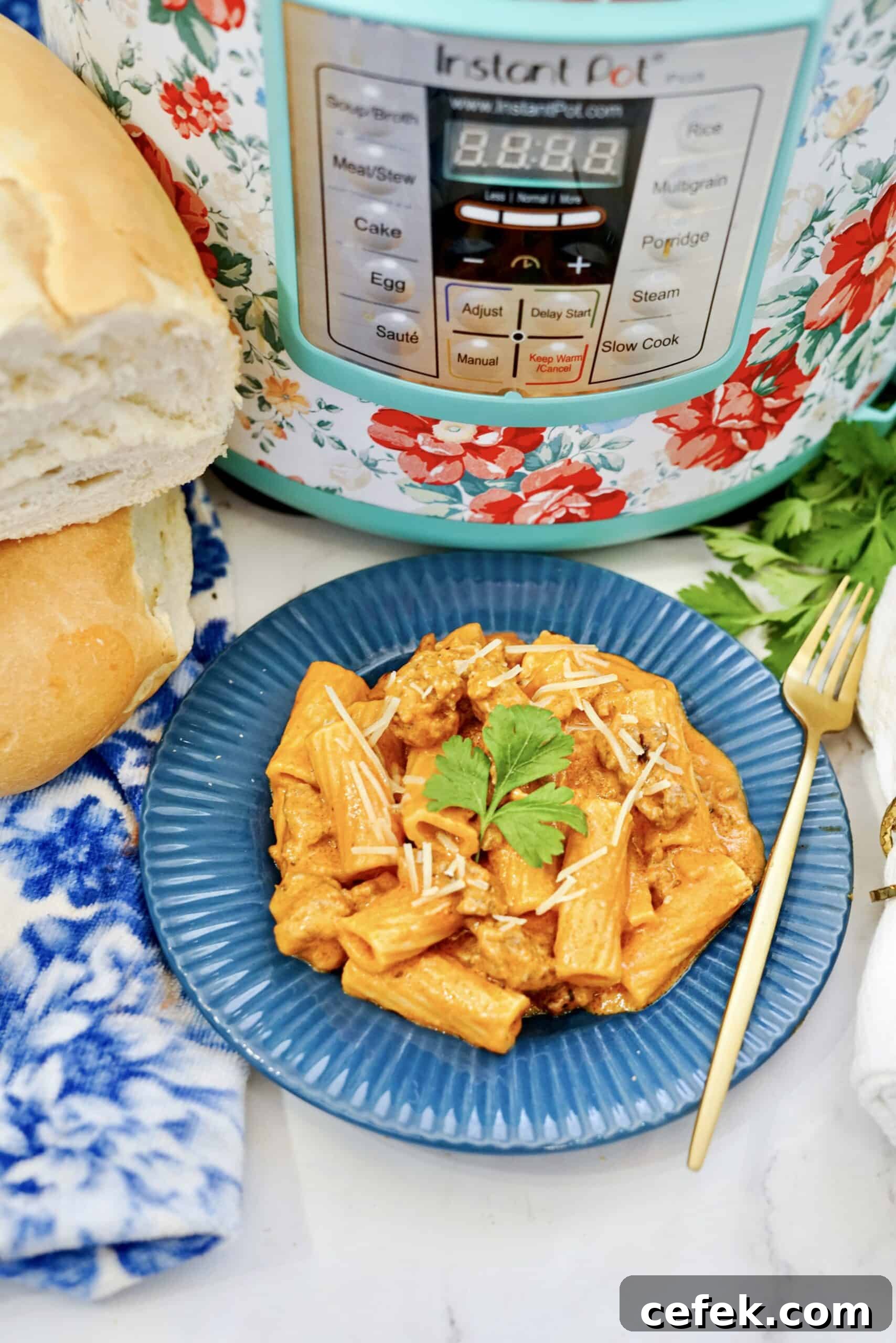 creamy rigatoni with sausage on plate