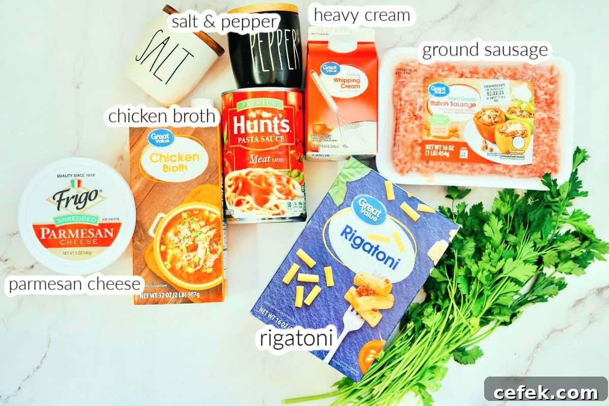 ingredients to make creamy sausage rigatoni