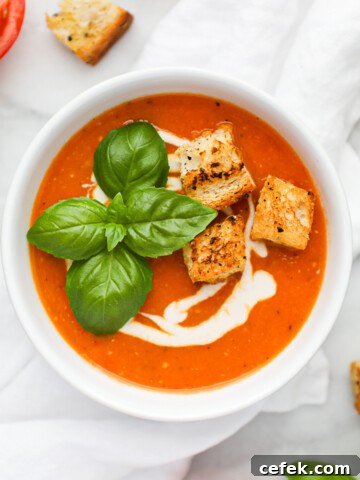 A white bowl with soup inside. There are croutons, white cream, and basil on top.