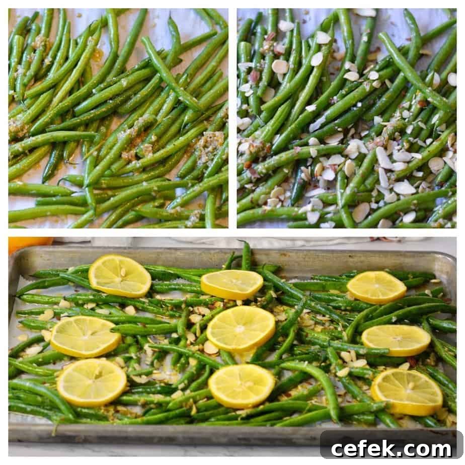 collage of prep pictures for lemon garlic green beans with almonds
