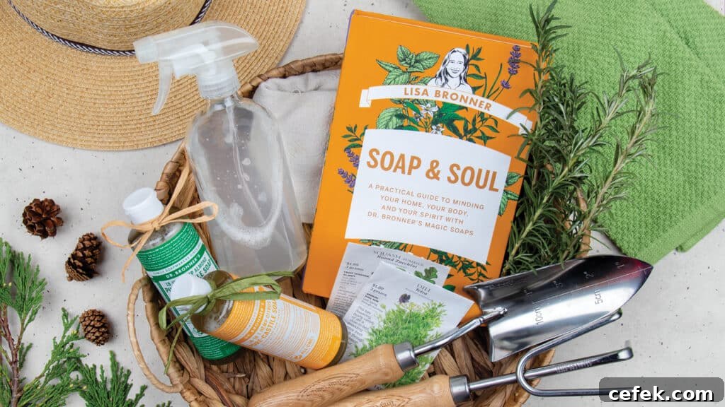 Soap & Soul book with gardening items: a trowel, seeds, soap, and a hat