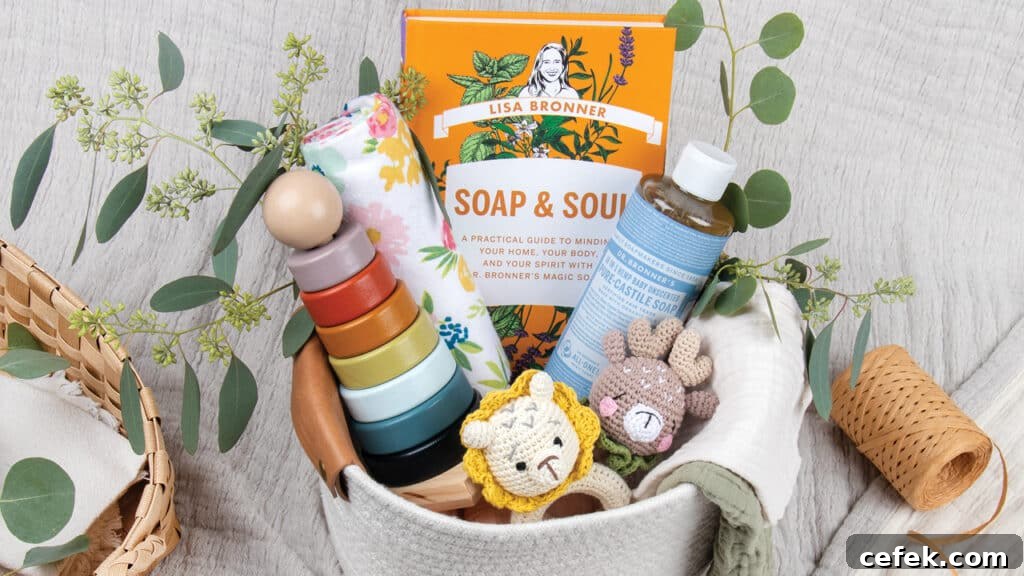 Soap & Soul book in a gift basket for baby and parent with blankets and toys and Castile Soap.