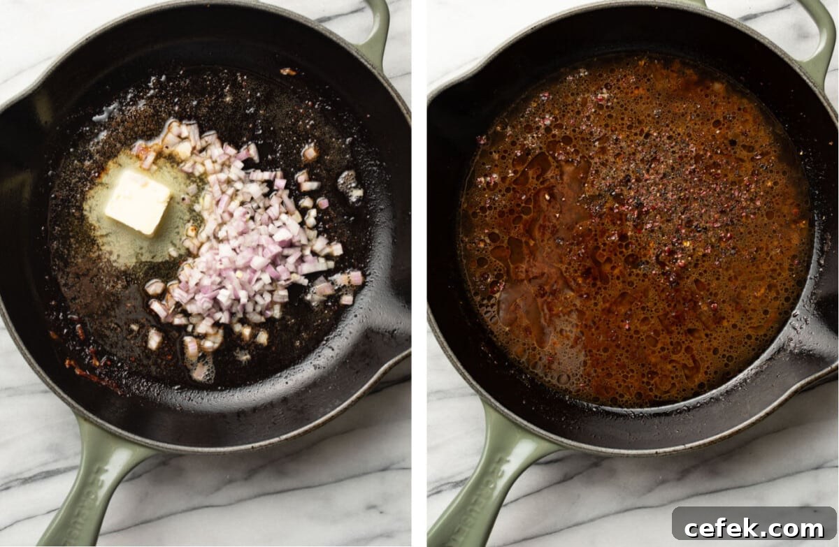 sauteing shallots in a skillet and making brandy sauce