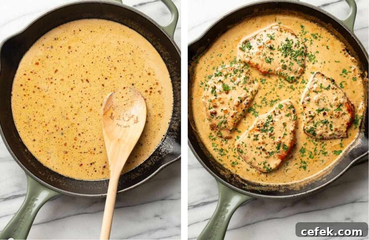making peppercorn brandy sauce in a skillet and adding pork chops