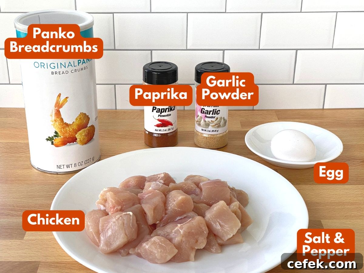 Ingredients to make chicken nuggets: chicken pieces, panko breadcrumbs, paprika, garlic powder, egg.