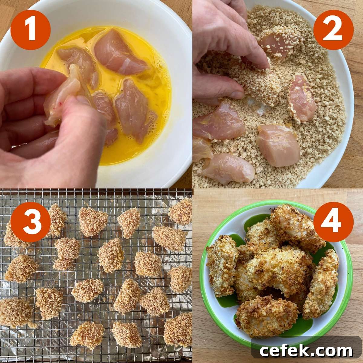 Collage of directions to make breaded chicken nuggets: 1) chicken dipped in egg, 2) chicken rolled in panko breadcrumb mixture, 3) breaded nuggets on wire rack over a sheet pan, 4) cooked chicken nuggets in a bowl.