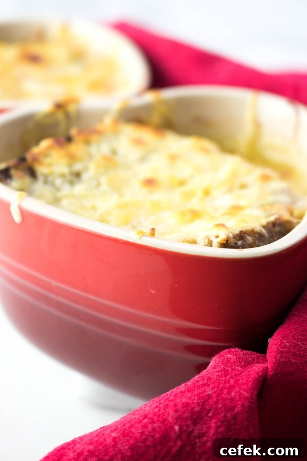 veg French Onion Soup - close up in a heart shaped French onion soup bowl