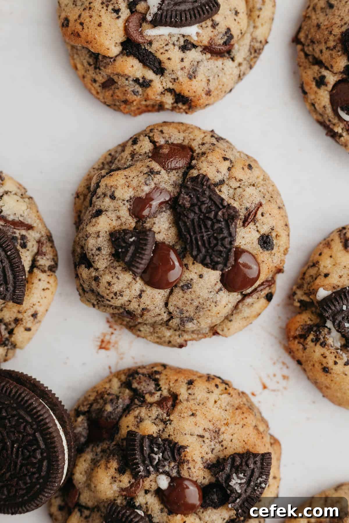 Oreo chocolate chip cookies on parchment paper.