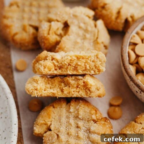 Several peanut butter cookies on parchment paper, one cookie has been cut in half, the two halves are stacked on top of each other.