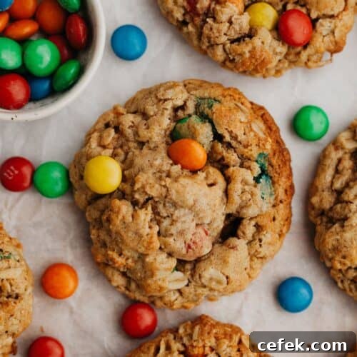 Oatmeal M&M cookies on parchment paper.