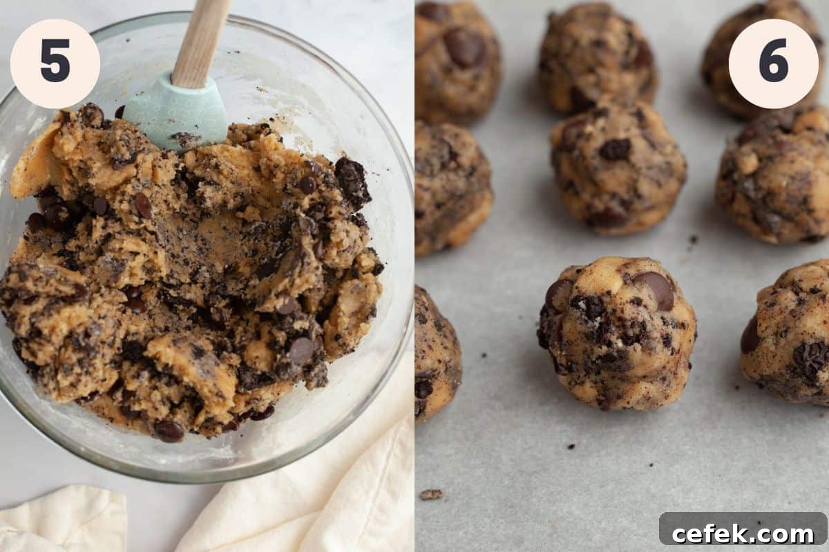 Steps 5 and 6 in the Oreo chocolate chip cookie baking process.