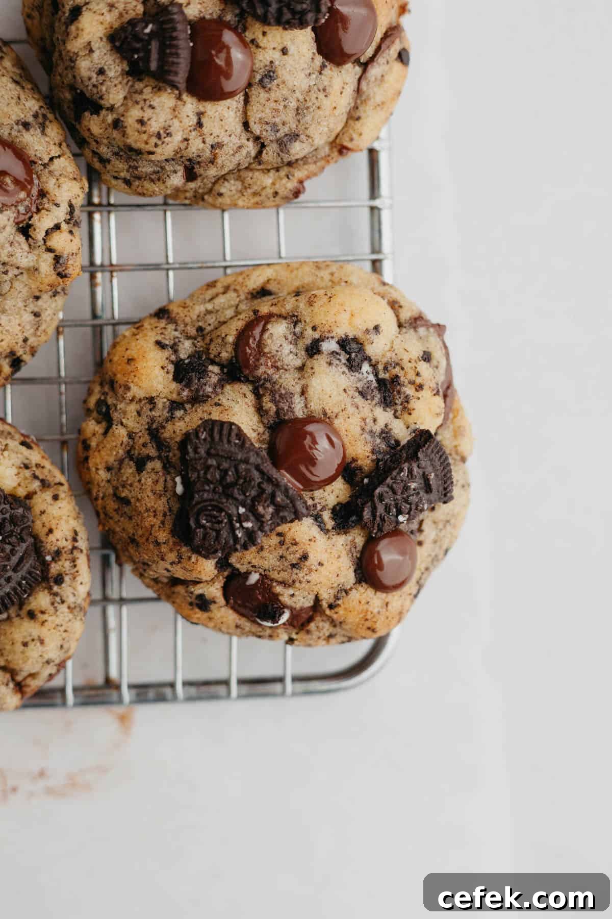 A close up of a cookies and cream chocolate chip cookie on a wire baking rack.