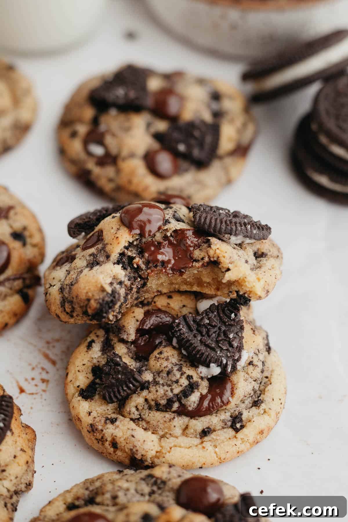 Two oreo chocolate chip cookies on top of each other, one has a bite taken out of it.