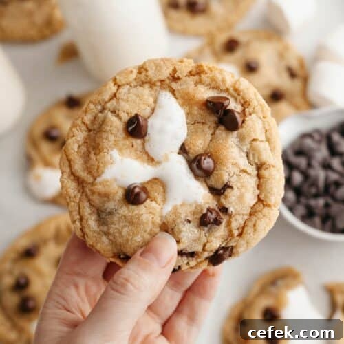 A hand holding a marshmallow chocolate chip cookie.
