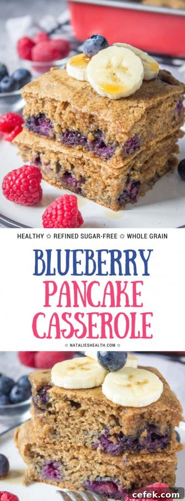 Healthy oven baked Blueberry Pancake Casserole topped with banana and raspberries