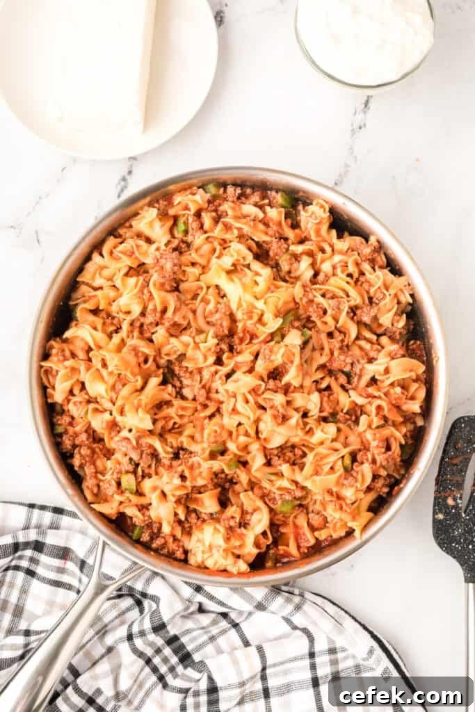 beef and noodle mixture stirred together in skillet