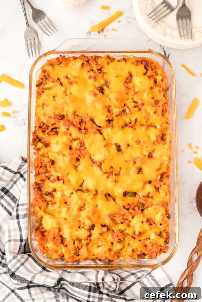 baked beefy sour cream noodle bake with melted cheddar cheese in a glass dish