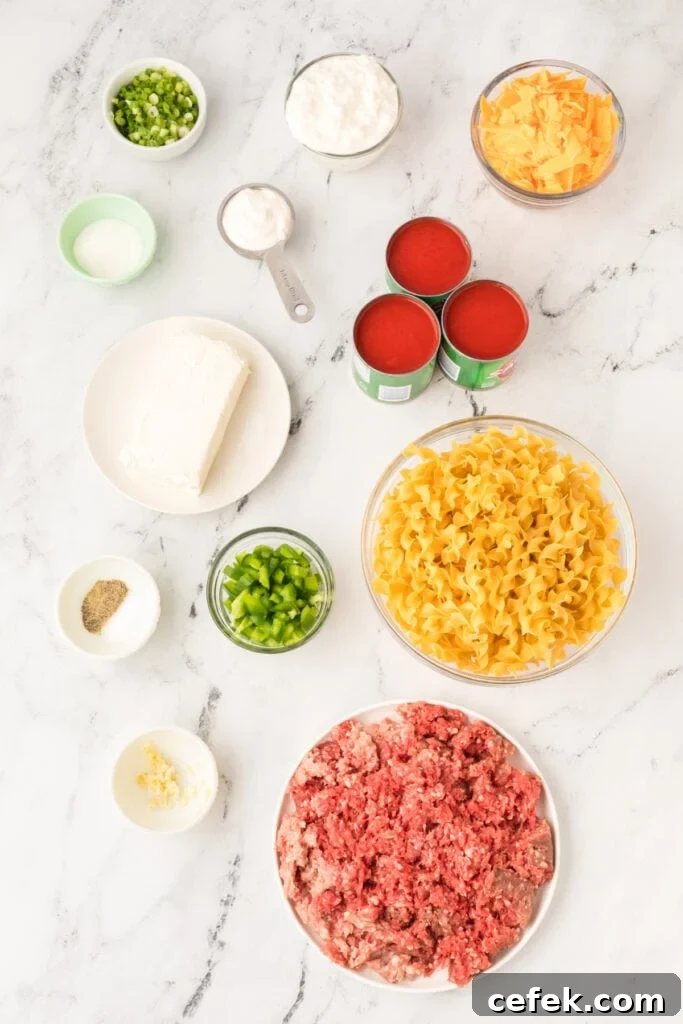 ingredients for beefy sour cream noodle bake arranged on a marble surface including ground beef, egg noodles, tomato sauce, cheeses, and chopped vegetables